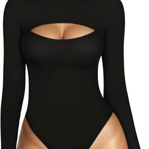 MANGOPOP Mock Neck Cutout Front Top Long Sleeve Short Sleeve Bodysuits for Women